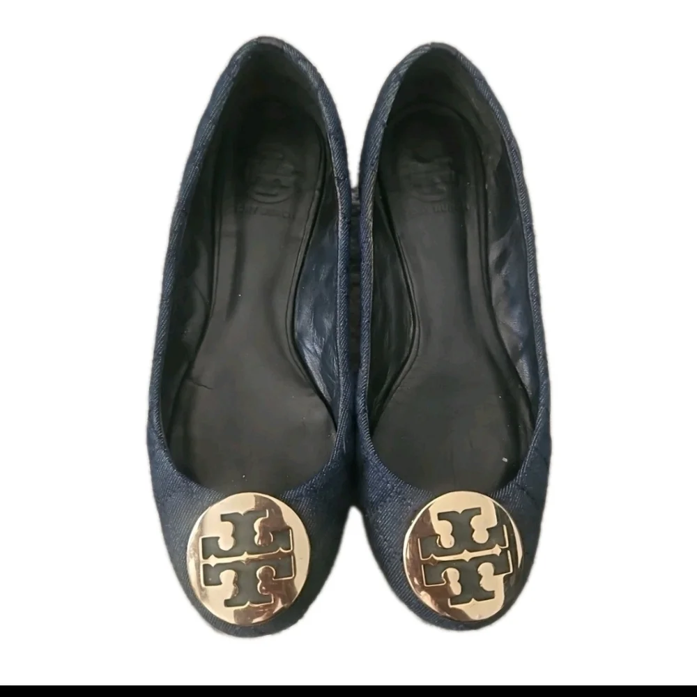 Tory Burch Womens Navy Blue Denim Quilted Quinn Ballet Flats Size 7.5